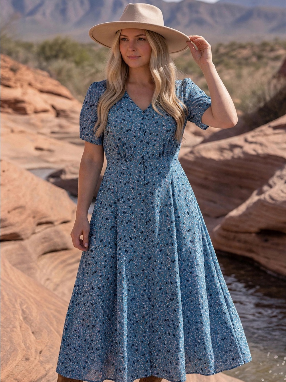 Medium bohme Blue Floral V-Neck Midi Dress with Puff Sleeves